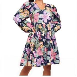 YAS Flower AOP Cotton 3/4 Sleeves Sky Captain Short Dress Sz XS Cottage Prairie